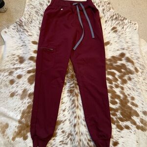 Figs Maroon Jogger Pants with Gray Drawstring